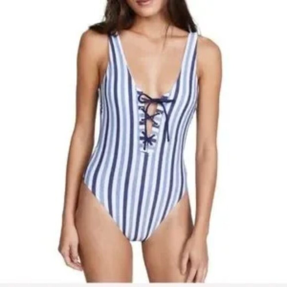 Splendid Tie-Dye Stripe Lace up High Cut One Piece Blue Stripe Swimsuit -  S